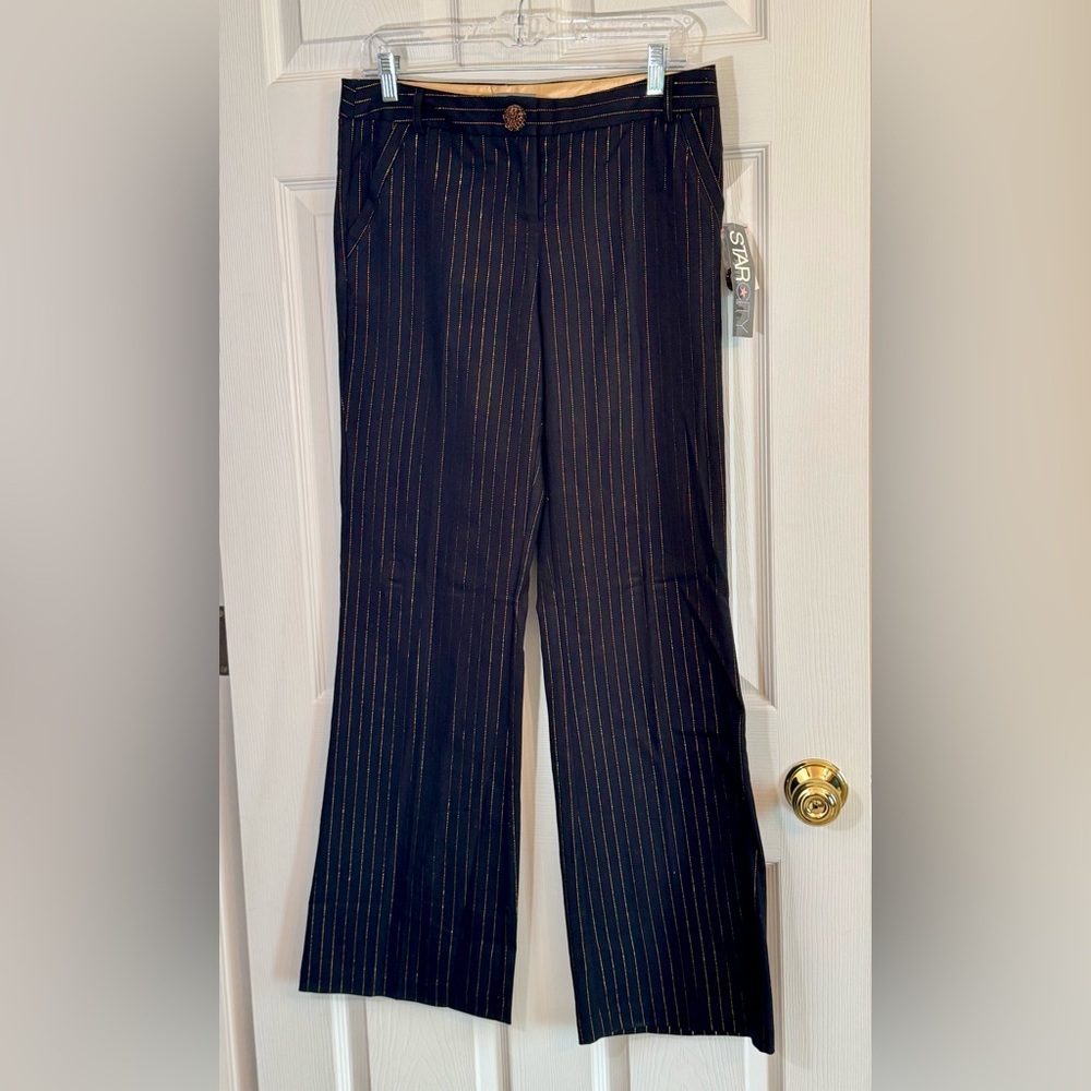 NWT Gold Metallic Pinstripe Flare Leg Y2K Luxury Vibes Glam Preppy Size 9